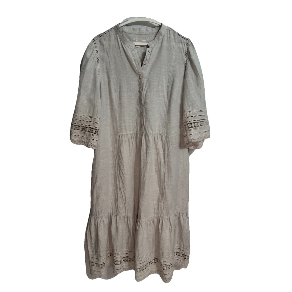 WRAP London US SZ 12 Gray Maxi Linen Lace Tiered Dress Cottagecore Coastal